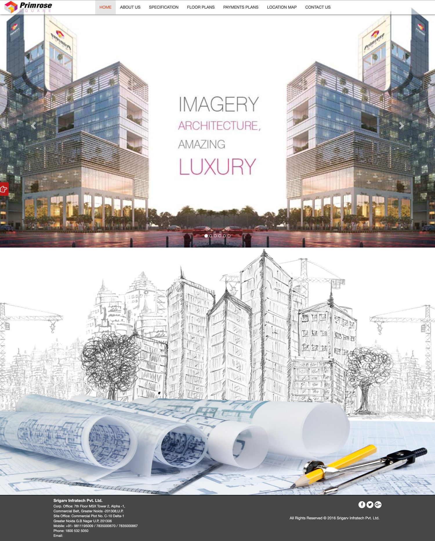 Primrose Square website home page — hero slider with twin-tower architectural renders and the headline 'Imagery architecture, amazing luxury'