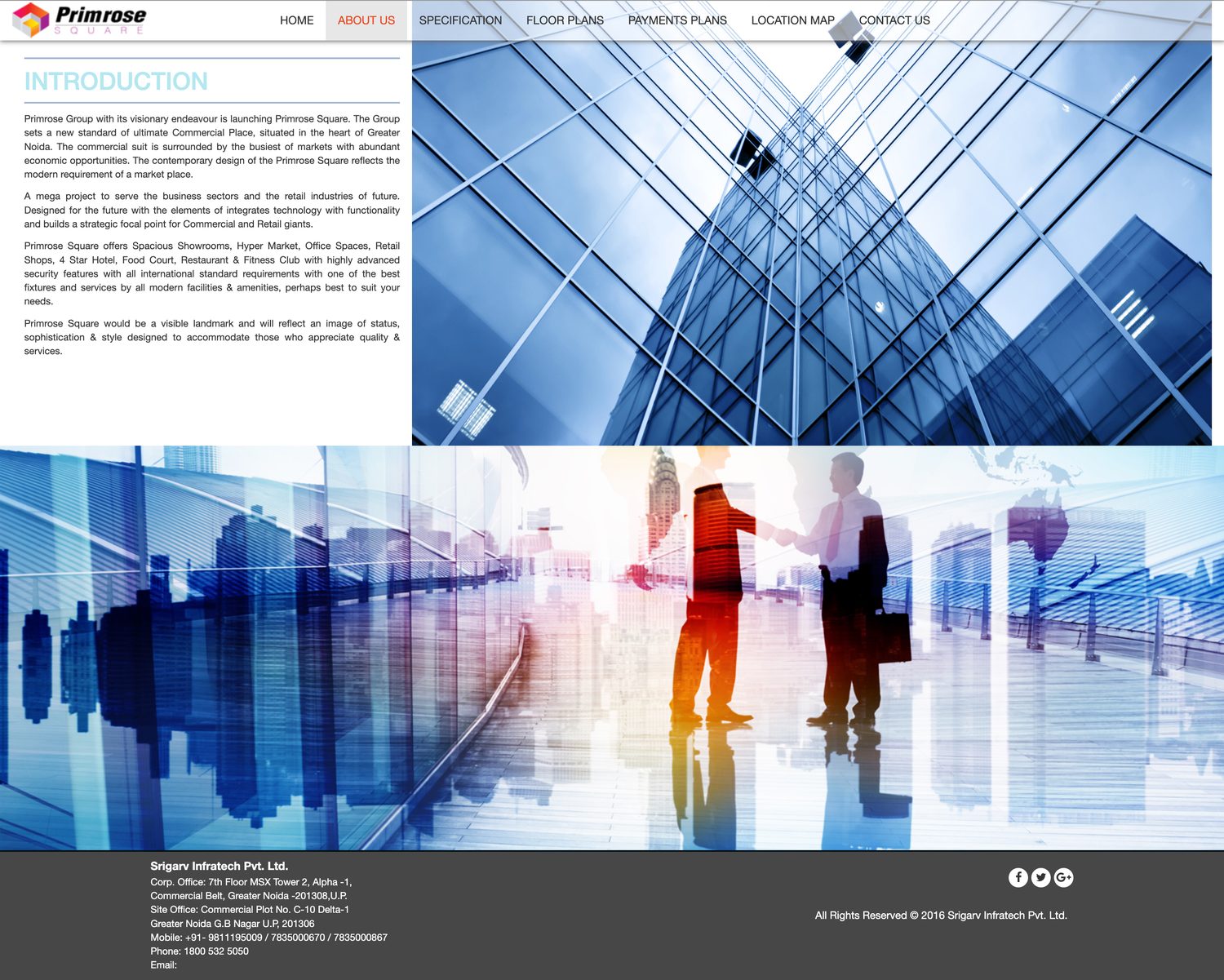 About Us page introducing Primrose Square — showrooms, hyper market, office spaces, retail shops, 4-star hotel, food court and fitness club in Greater Noida