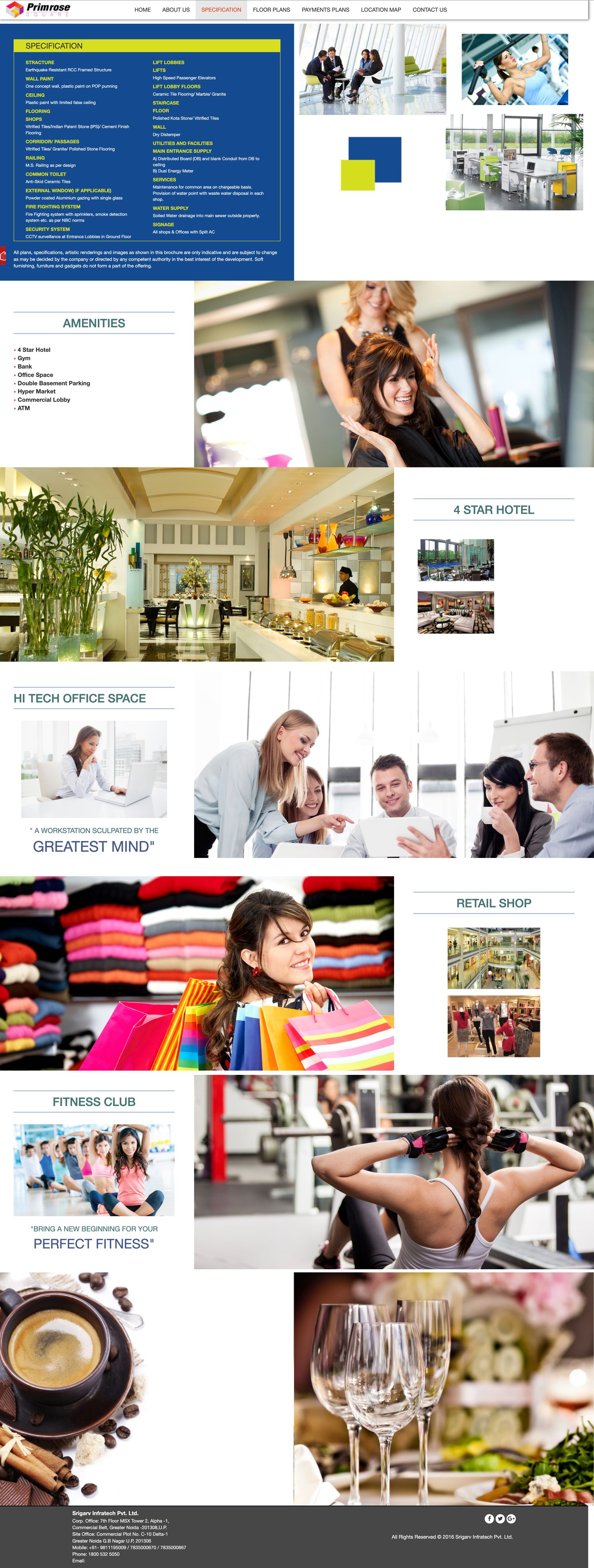 Specification page — construction specifications table plus amenities including 4-star hotel, gym, bank, office space, basement parking and hyper market