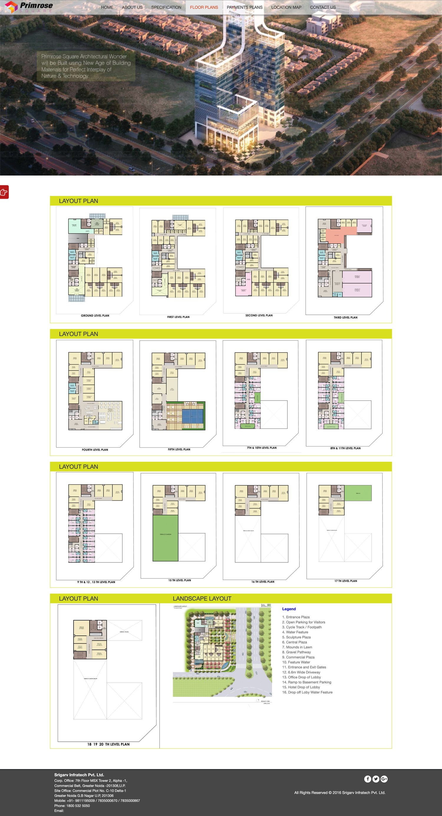 Floor Plans page — level-by-level layout plans from ground to 20th level with a landscape layout and legend