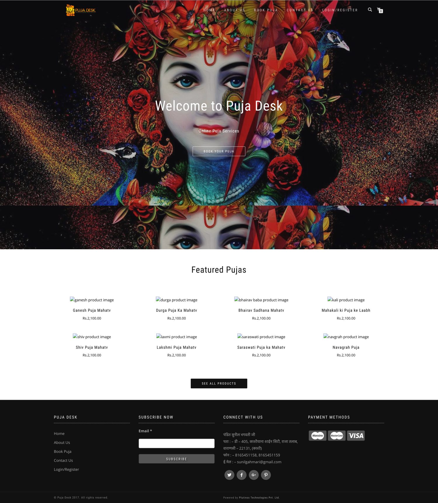 Puja Desk home page — 'Welcome to Puja Desk' hero with a Book Your Puja button, a Featured Pujas catalog of priced ritual listings, and a bilingual footer with newsletter signup and payment methods