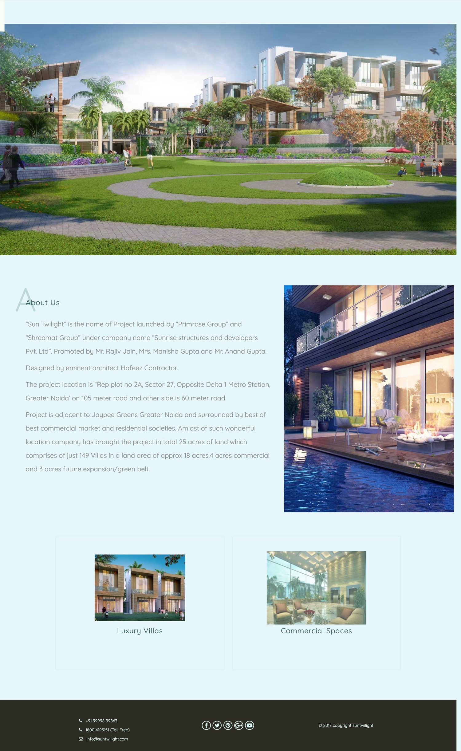 Sun Twilight website home page — landscaped estate render, About Us introduction for Sunrise Structures & Developers, and Luxury Villas and Commercial Spaces sections