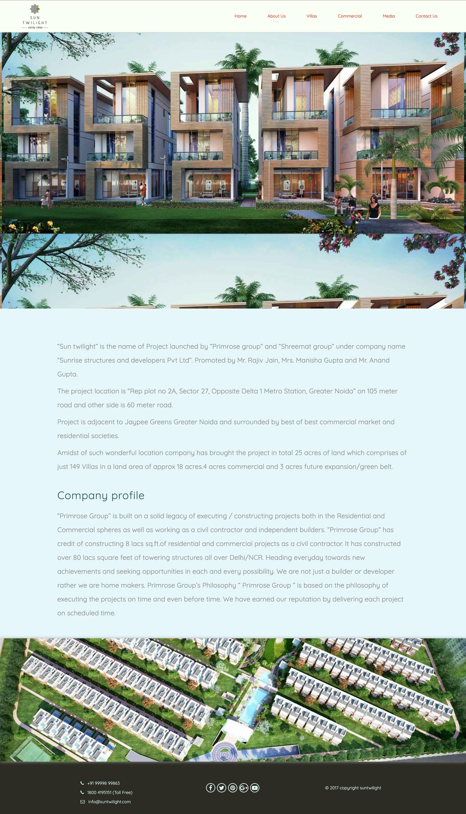 Sun Twilight About Us page — villa architecture renders, project details and company profile, and an aerial master plan of the 25-acre estate