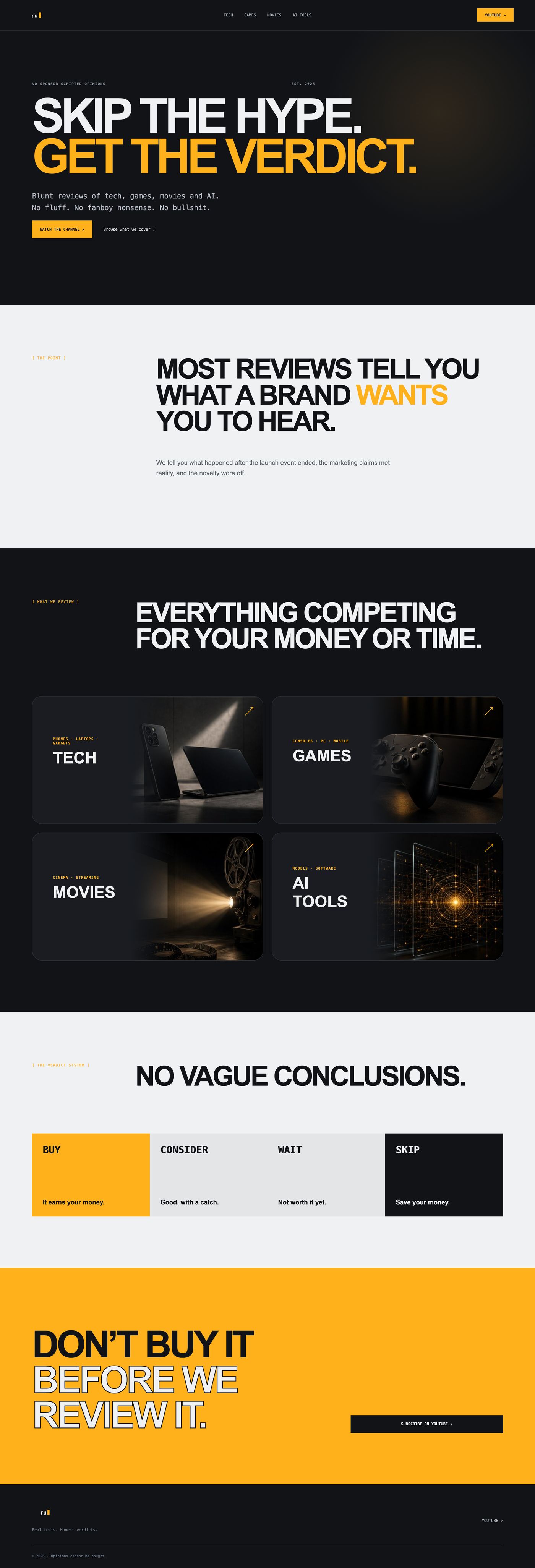 Review Unbiased home page — 'Skip the hype. Get the verdict.' with evidence-led review highlights and category navigation