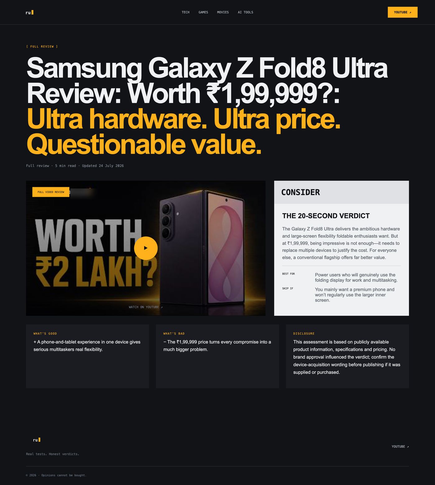 A Review Unbiased review page — the evidence-led template with the verdict system that makes the proof visible